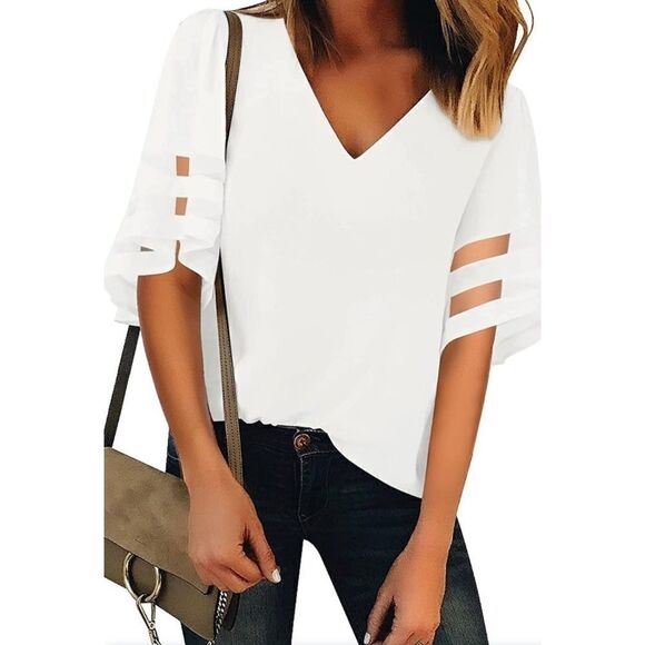 Women White V Neck Bell Sleeve Blouse Loose Top - Picture 1 of 9